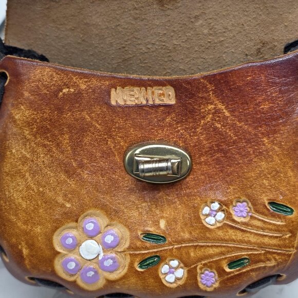 Small Mexican Leather Crossbody Bag Mini Brown Floral Butterfly Tooled Boho - Picture 5 of 10
